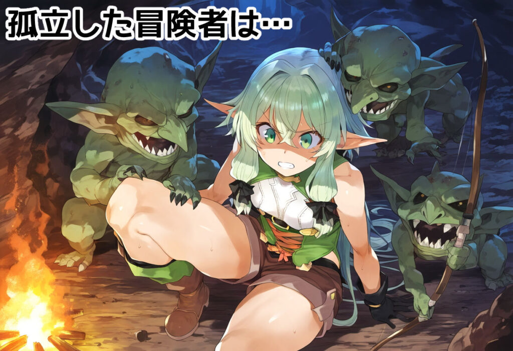【同人エロCG画像】ゴブリンの罠にはまり冒険者たちがリョナレイプされる！物のように扱われ首絞め中出しにてボテ腹に・・・｜d_418008 無料 同人エロCG画像 エルフ・精霊 画像1