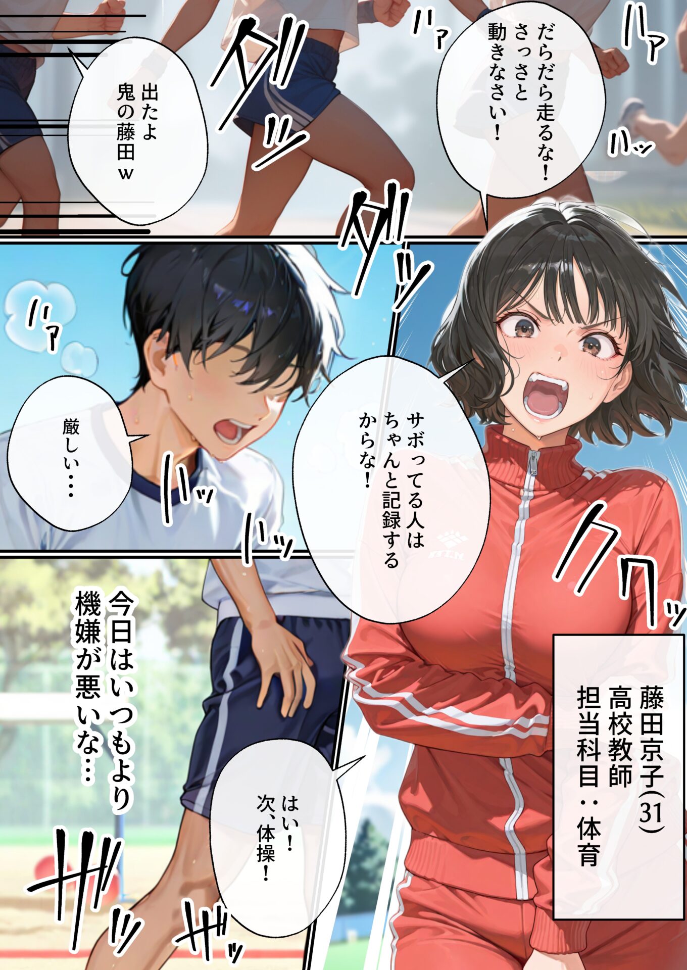 【エロ漫画】美人女体育教師！不妊治療に悩んでるので鬼絶頂妊活マッサージでイカせまくるエロ漫画｜d_531721 無料 同人エロ漫画/同人誌 オホ声 画像1